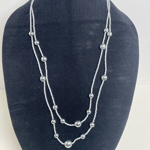 Gray Stone Bead Double Strand Necklace with Silver Tone Ball Accents